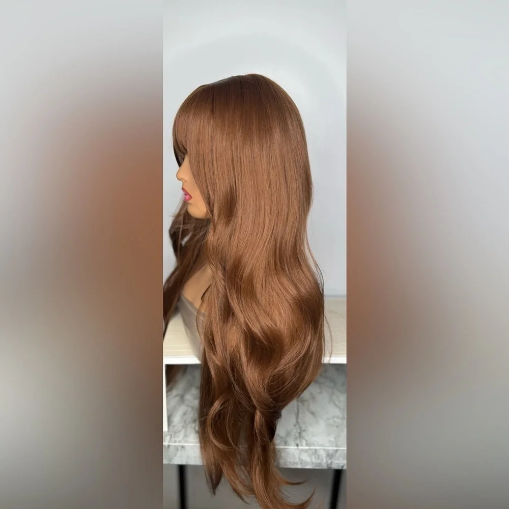 Long Mocha Brown Wig with Bangs – 30” Wavy Synthetic Hair, Natural Look